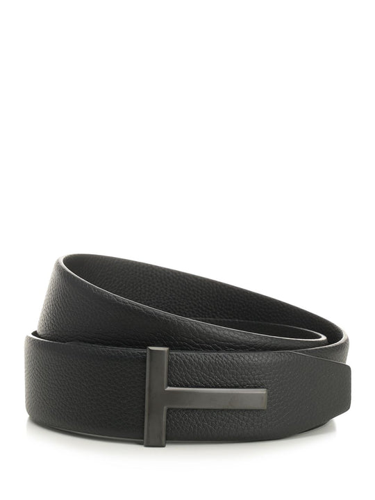 Soft Grain Leather Reversible T Belt 40 Mm Black Cinture Nero
