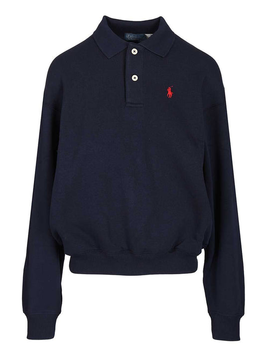 Polo-Collar Fleece Pullover Knitwear Blu