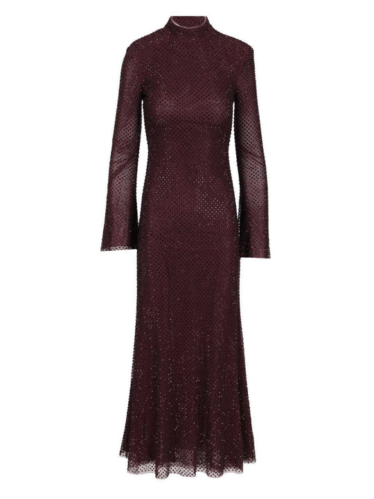 Burgundy Rhinestone Fishnet Midi Dress Abiti Bordeaux