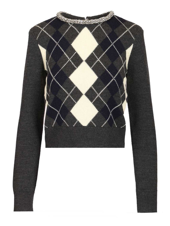 Grey Argyle Crystal Trim Jumper Knitwear Grey