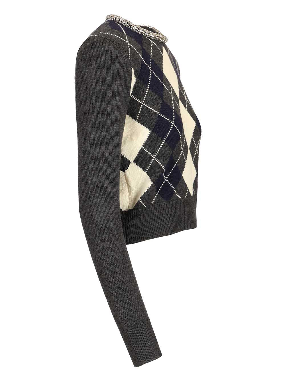Self-Portrait Grey Argyle Crystal Trim Jumper Knitwear - Grey | f0c28bb7fd6e6dafaf430e8aaff2f359fbe186ef