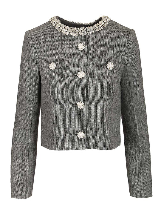 Grey Herringbone Crystal Trim Jacket Giacche Grey