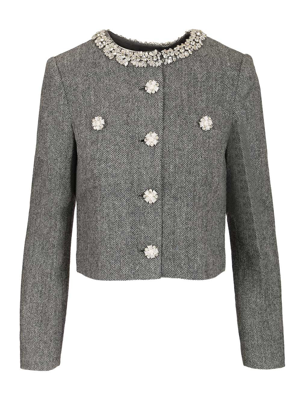 Self-Portrait Grey Herringbone Crystal Trim Jacket Giacche - Grey | 45ffb055e0f779d1e3f1f68855c34a4f36662175