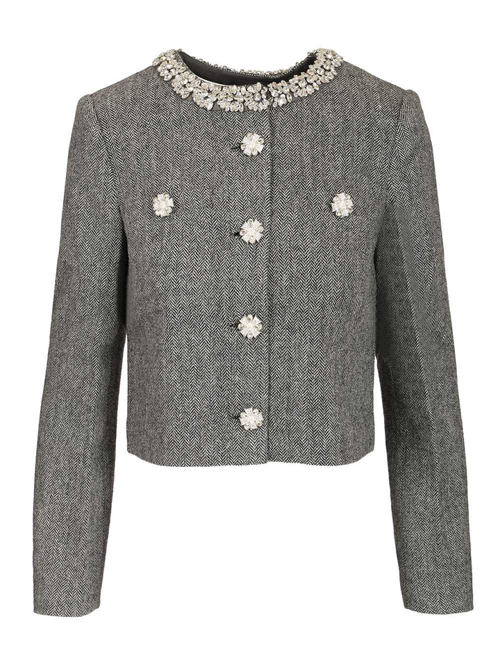 Self-Portrait Grey Herringbone Crystal Trim Jacket Giacche - Grey | 45ffb055e0f779d1e3f1f68855c34a4f36662175