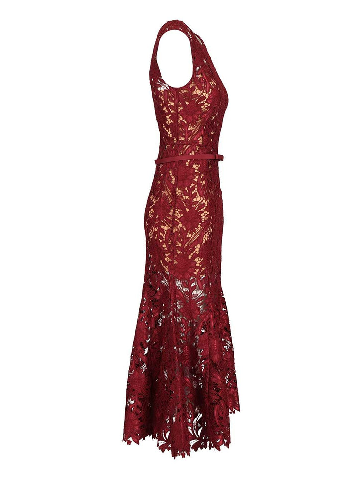 Self-Portrait Burgundy Guipure Lace Midi Dress Abiti - Bordeaux | 54cc87ccf5a5d03c6fa897a577ea409c7487f308