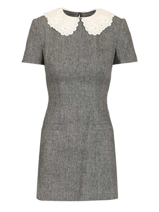 Grey Herringbone Collared Mini Dress Abiti Grey