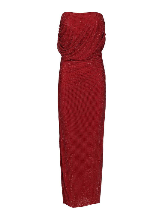 Burgundy Rhinestone Drape Midi Dress Abiti Bordeaux