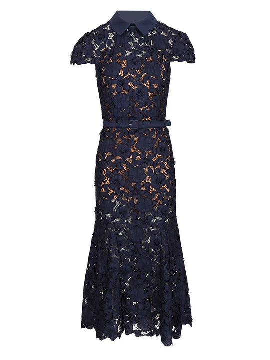Navy Guipure Lace Midi Dress Abiti Blu