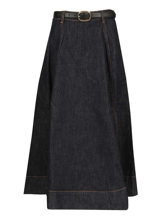 Indigo Denim Flared Midi Skirt Gonne Blu