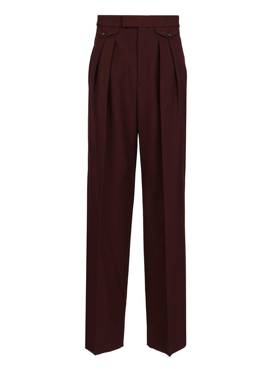 High-Waisted Ruffled Wool Gabardine Trousers Bordeaux