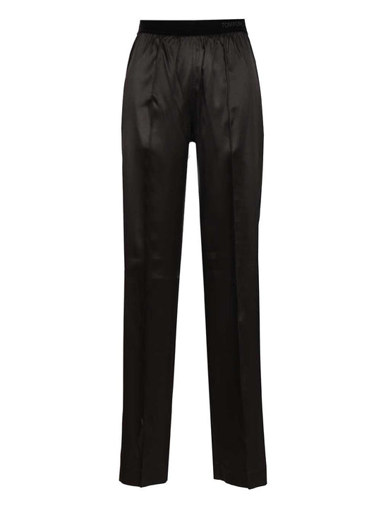 Stretch Silk Satin Pj Pants Trousers Nero