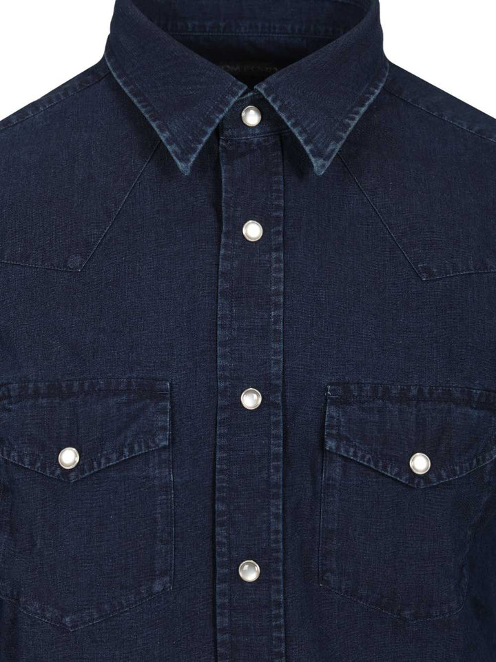 Tom Ford Denim Light Poplin Slim Fit Western Shirt Shirts - Blu | dad6d6585fb0a9fbb508d3bb1244efb90bcb623c
