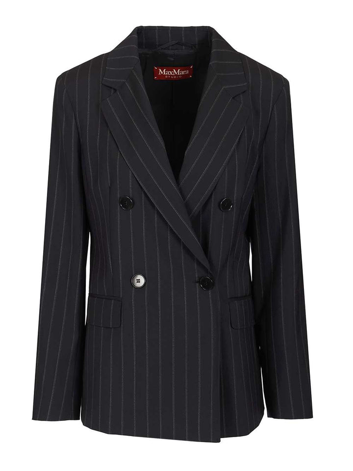 Max Mara Studio Double-Breasted Blazer In Pinstriped Wool Giacche - Blu | 98038f6052766fbaacc53e3b50887887f640c93a