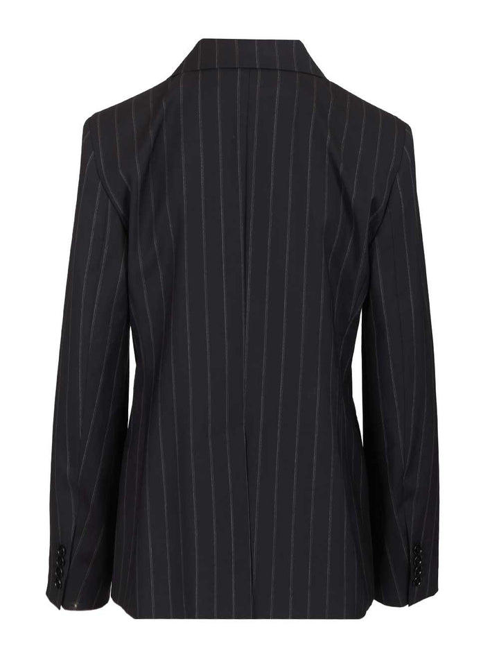Max Mara Studio Double-Breasted Blazer In Pinstriped Wool Giacche - Blu | 74e977fb55db44da081879f548ccda4837d3af55
