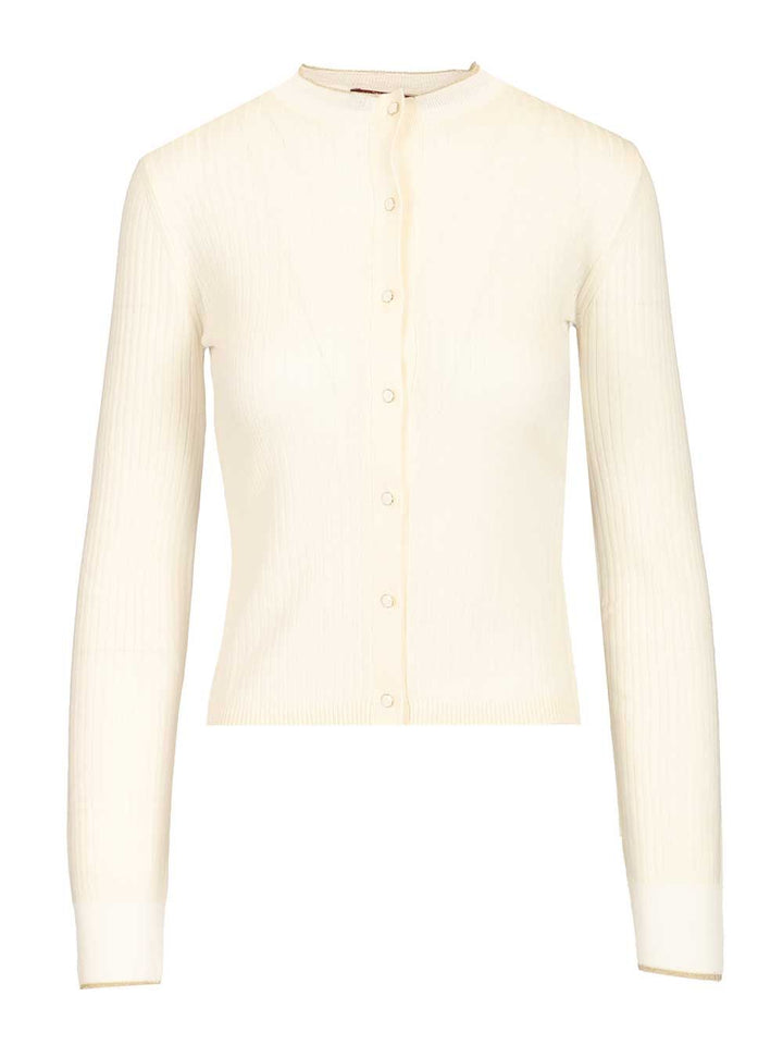 Max Mara Studio Mstcrespo Wool-Silk Knit Ribbed Cardigan Knitwear - Bianco | 24762e3ec4fb96262cd77011fadb5e9e3ca5ce65