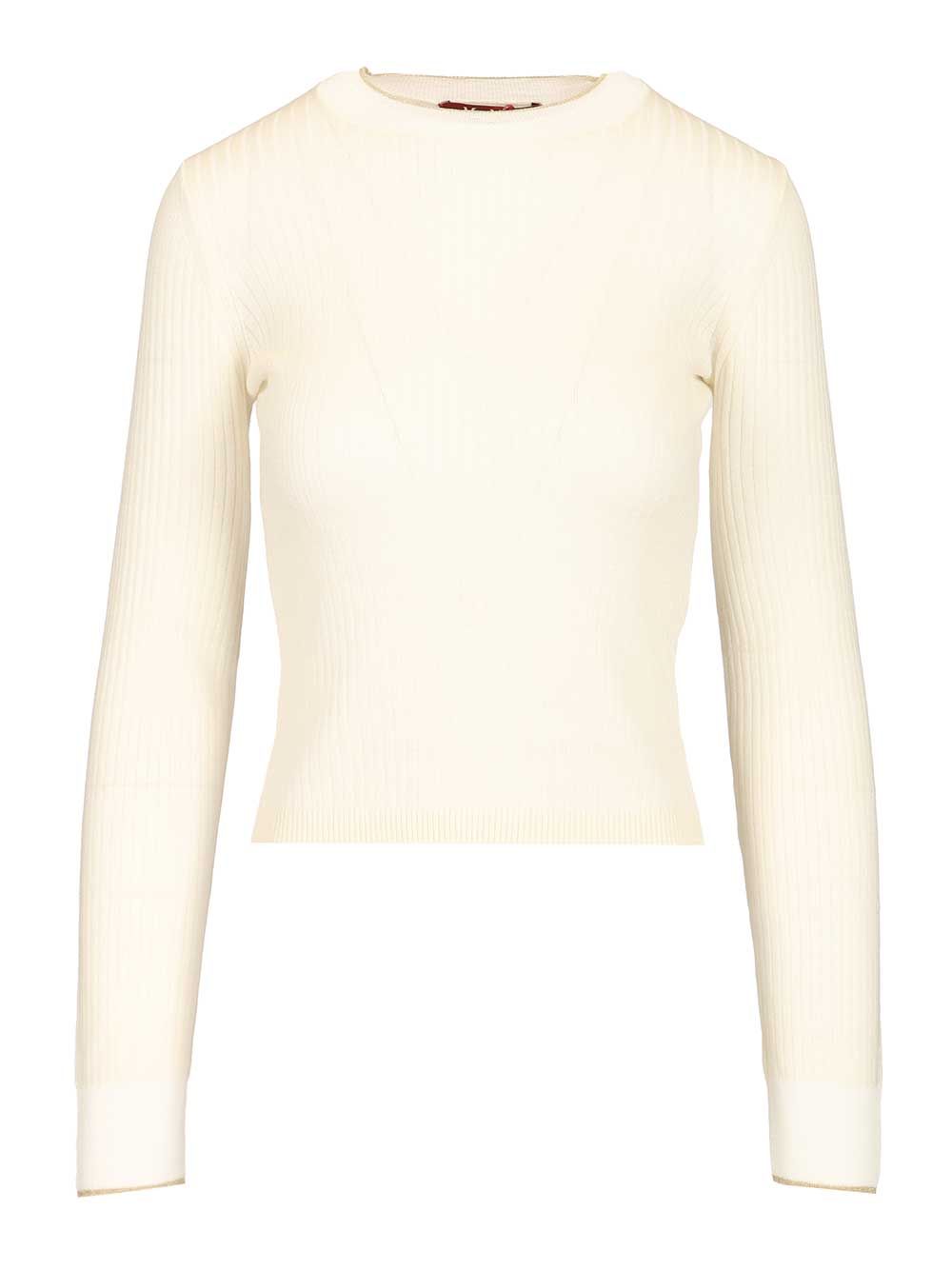 Max Mara Studio Mstepoche Wool-Silk Knit Ribbed Ls Crewneck Knitwear - Bianco | 5a0980fcbc53c80ea02ead01d93c31c7c8a34ba3