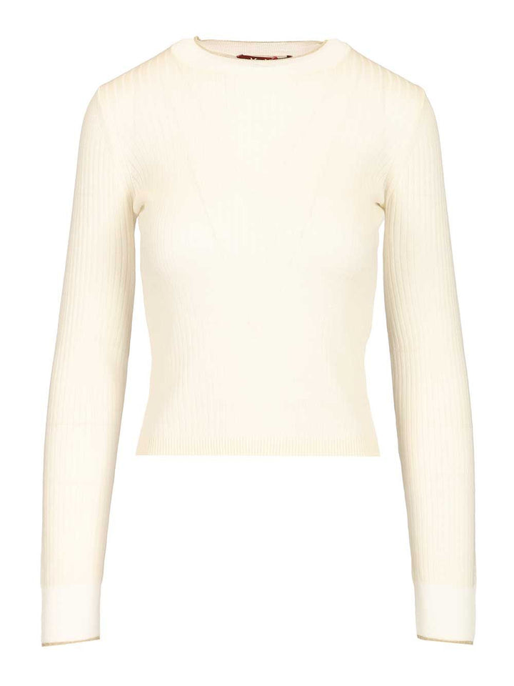 Max Mara Studio Mstepoche Wool-Silk Knit Ribbed Ls Crewneck Knitwear - Bianco | 5a0980fcbc53c80ea02ead01d93c31c7c8a34ba3