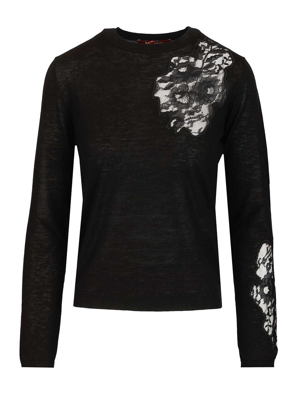 Max Mara Studio Mstellisse Wool-Silk Knit Lace Embroidered Crewneck Knitwear - Nero | 46dd37932a65182e08cb94a5d7d001fb5e76978c