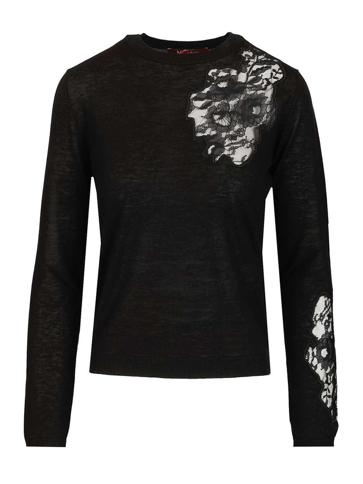 Max Mara Studio Mstellisse Wool-Silk Knit Lace Embroidered Crewneck Knitwear - Nero | 46dd37932a65182e08cb94a5d7d001fb5e76978c