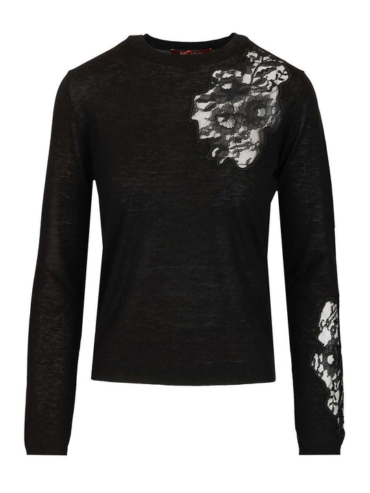 Mstellisse Wool-Silk Knit Lace Embroidered Crewneck Knitwear Nero