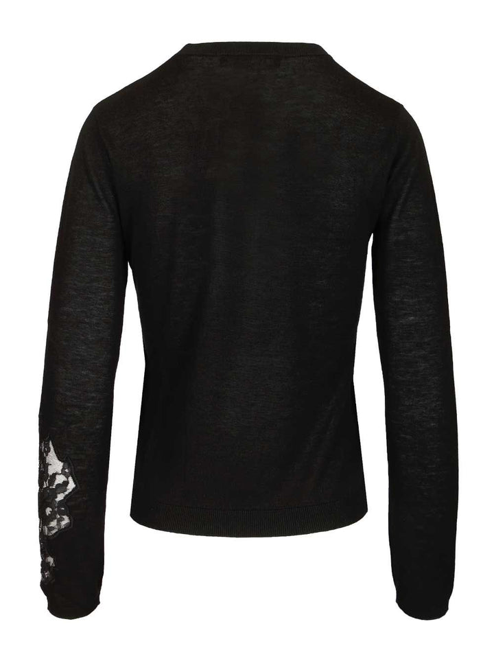 Max Mara Studio Mstellisse Wool-Silk Knit Lace Embroidered Crewneck Knitwear - Nero | 900656c181eb1eb5bdc7f0a3b9e3f553d84964b1