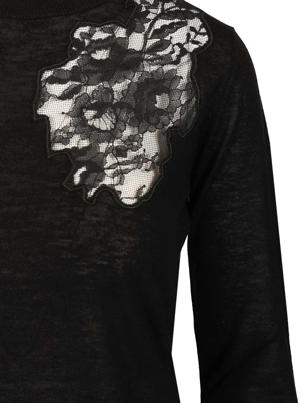 Max Mara Studio Mstellisse Wool-Silk Knit Lace Embroidered Crewneck Knitwear - Nero | 43d7db6dcb258c991a82d5a703719899580cf548