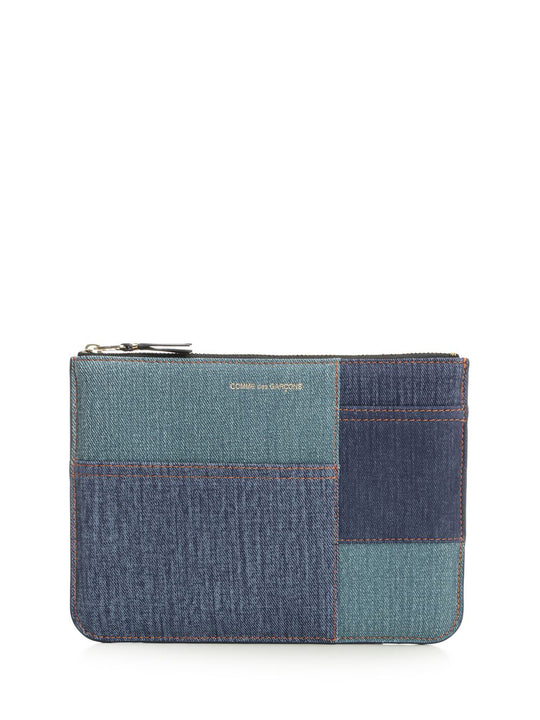 Patchwork Leather Denim Effect Zipped Pouch Small Leather Goods Blu