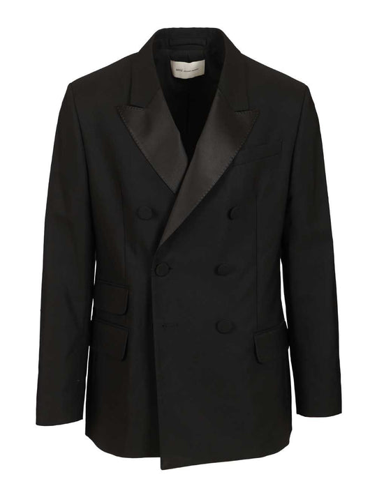 Straight Double Breasted Smocking Jacket Wool Canvas Giacche Nero