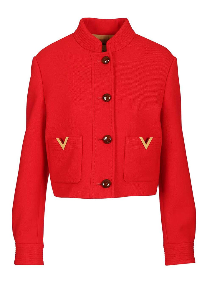 Valentino Garavani Peacoat In Drill Double With V Gold Knitwear - Rosso | fcf967f38368bf93d004a36a0af6f4225692ea87