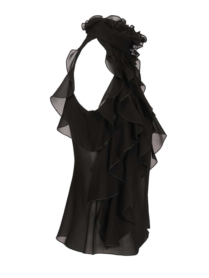 Mcqueen Cut-Out Top In Silk Georgette With Ruffles Top - Nero | a4d29d136f086be1b1aa73189b37c1d5405ef80a