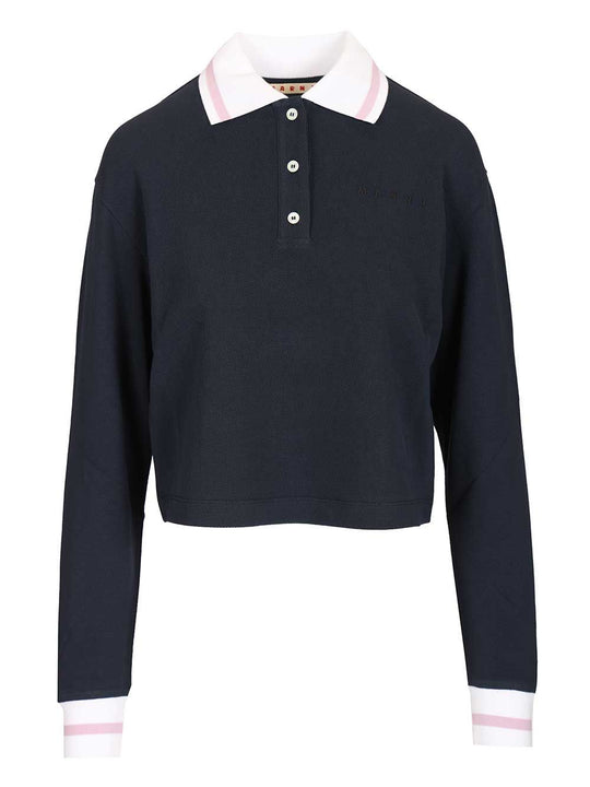 Long-Sleeved Cotton Piqué Polo Shirt Blu