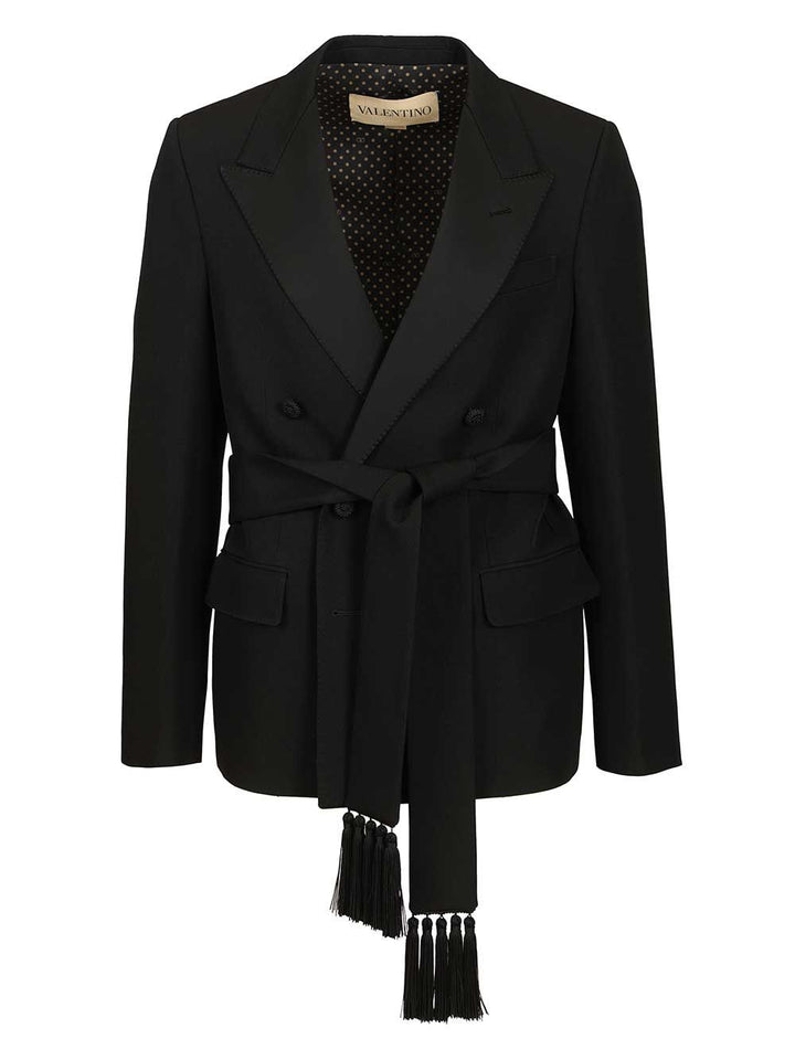 Valentino Garavani Virgin Wool Blazer With Belt Giacche - Nero | 2f42c36d96185f6385ba3d9035a1a82fd174b6a7