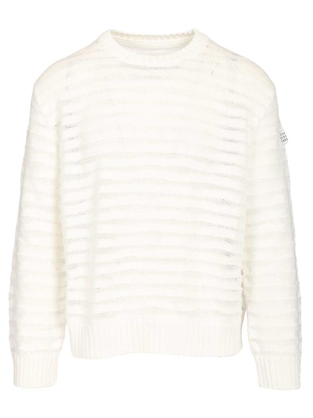 Mm6 Maison Margiela Open Knit Stripe Cotton Crewneck Sweater Sweatshirts - Bianco | 412d918f9218ecb7fd20423af64ec60bf7f06efc