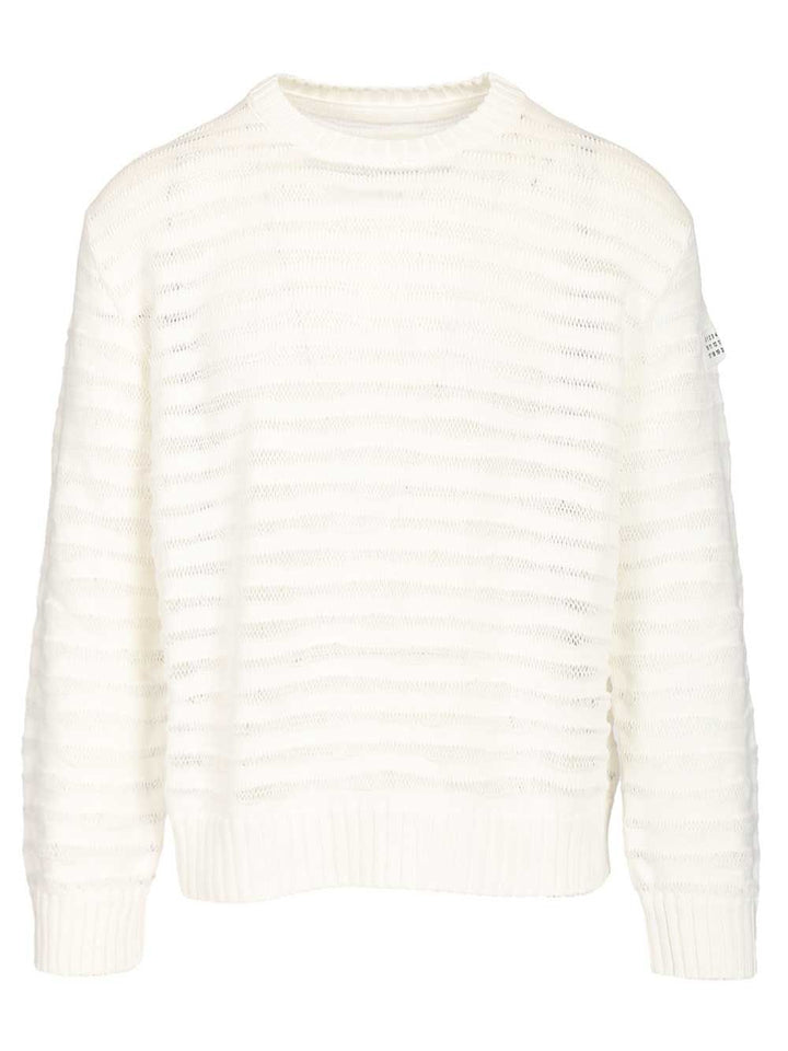Mm6 Maison Margiela Open Knit Stripe Cotton Crewneck Sweater Sweatshirts - Bianco | 412d918f9218ecb7fd20423af64ec60bf7f06efc