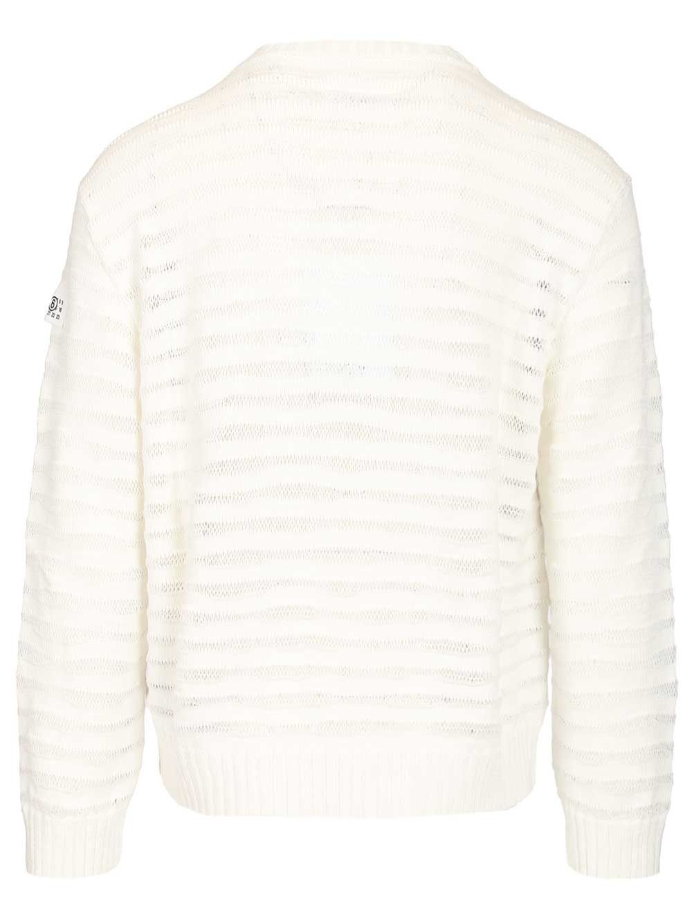 Mm6 Maison Margiela Open Knit Stripe Cotton Crewneck Sweater Sweatshirts - Bianco | a62b8c732afea3b06a492191d6fb7ec9c797669f