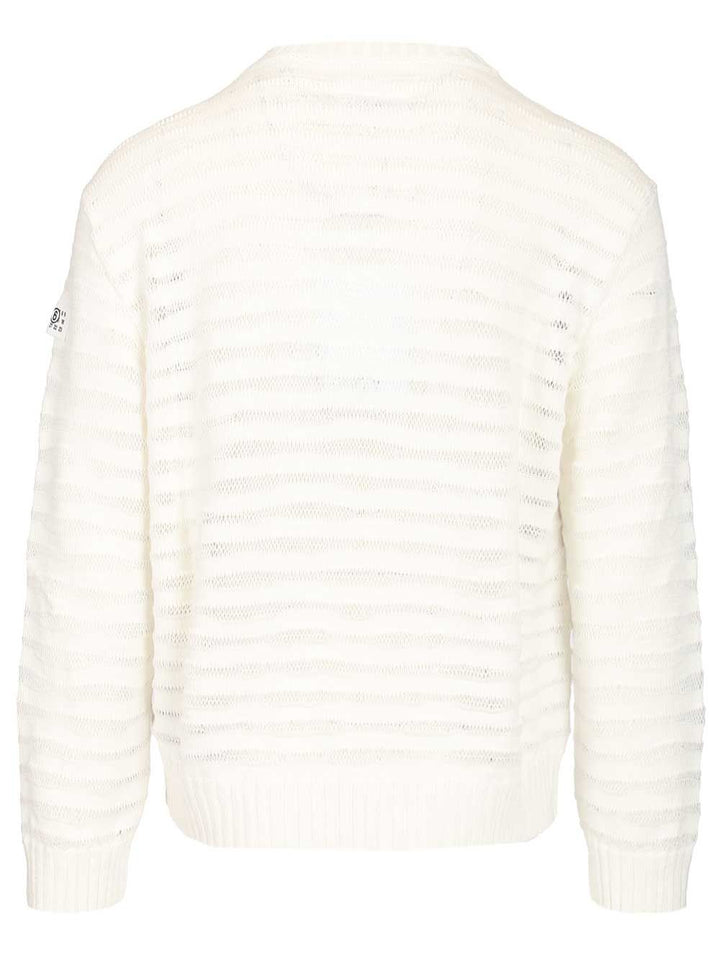 Mm6 Maison Margiela Open Knit Stripe Cotton Crewneck Sweater Sweatshirts - Bianco | a62b8c732afea3b06a492191d6fb7ec9c797669f