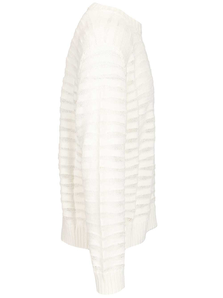 Mm6 Maison Margiela Open Knit Stripe Cotton Crewneck Sweater Sweatshirts - Bianco | 0cba9f79d491783fb1ad041c37f4560171178889
