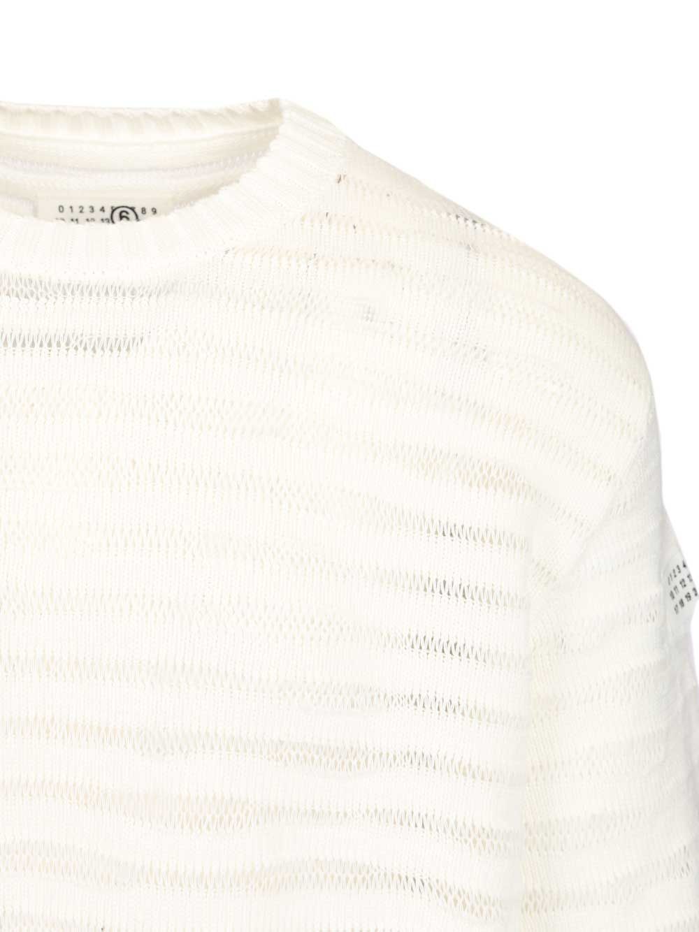 Mm6 Maison Margiela Open Knit Stripe Cotton Crewneck Sweater Sweatshirts - Bianco | de04b30034795242db5687c4f18f5fe76c334e3e