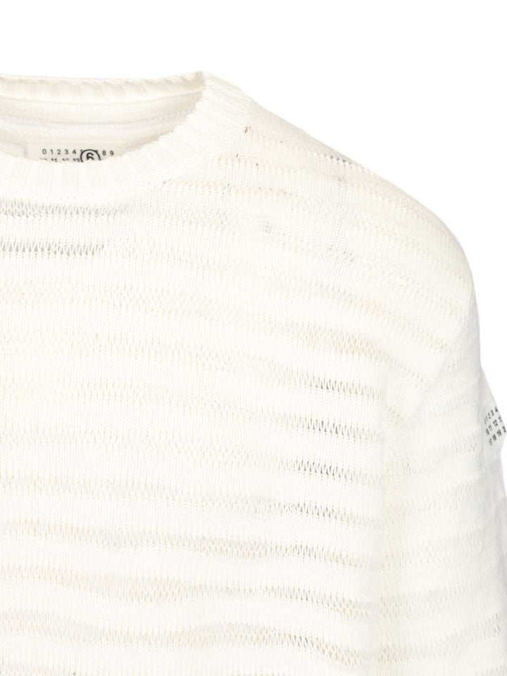 Mm6 Maison Margiela Open Knit Stripe Cotton Crewneck Sweater Sweatshirts - Bianco | de04b30034795242db5687c4f18f5fe76c334e3e