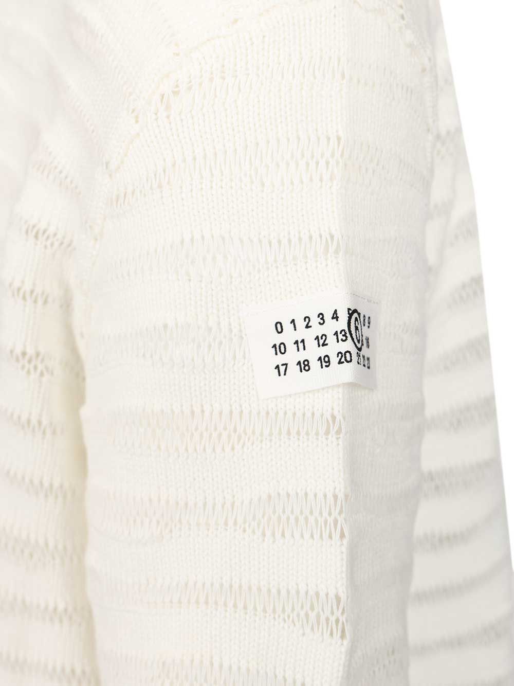 Mm6 Maison Margiela Open Knit Stripe Cotton Crewneck Sweater Sweatshirts - Bianco | 334d994d954c6db0a071a48051b89607978b7364