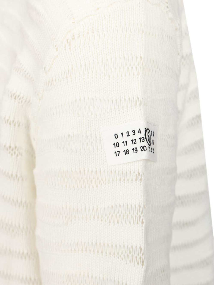 Mm6 Maison Margiela Open Knit Stripe Cotton Crewneck Sweater Sweatshirts - Bianco | 334d994d954c6db0a071a48051b89607978b7364