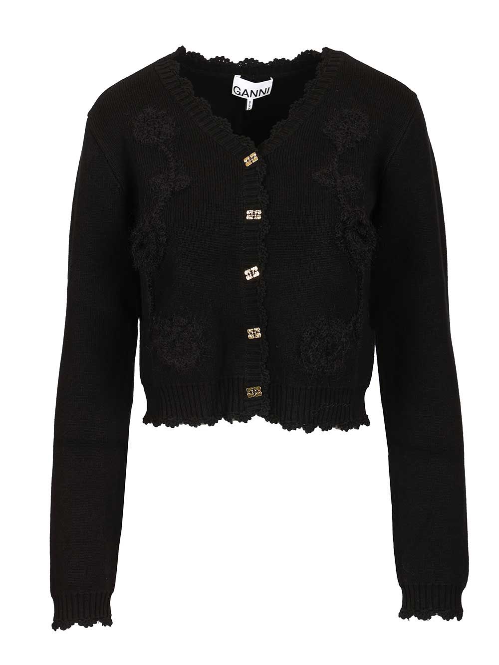 Ganni Cotton Cashmere Crochet Applique Cardigan Knitwear - Nero | e58418742448e52ed9f495bdd15312feba76aa74