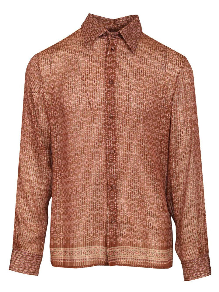 Valentino Garavani Silk Shirt With Geometric Print Shirts - Marrone | 6213f33e60243e65b2d397ecf1c6b8da7db6be15