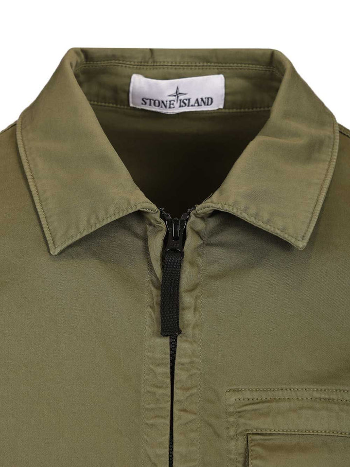 Stone Island Stretch Organic Cotton Satin Overshirt Shirts - Verde | 0a70b8143a0c96cd2a07518acd5d468696df28c2