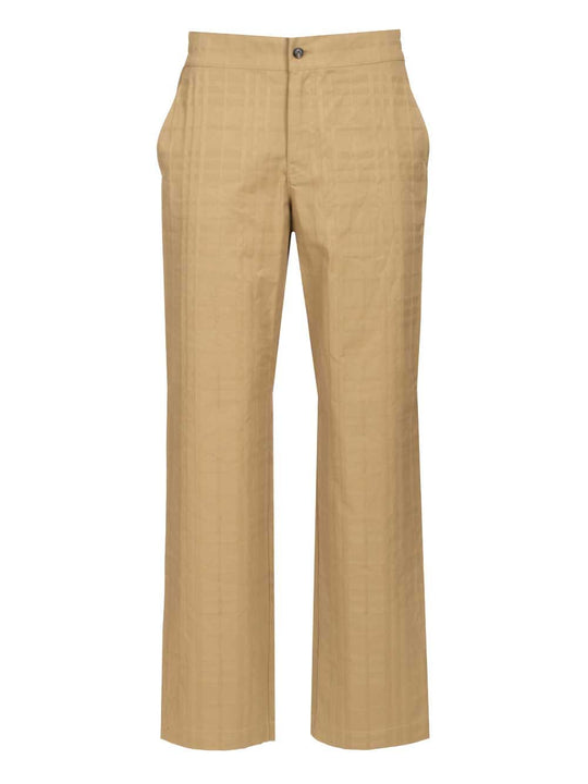 Textured Check Cotton Trousers Beige