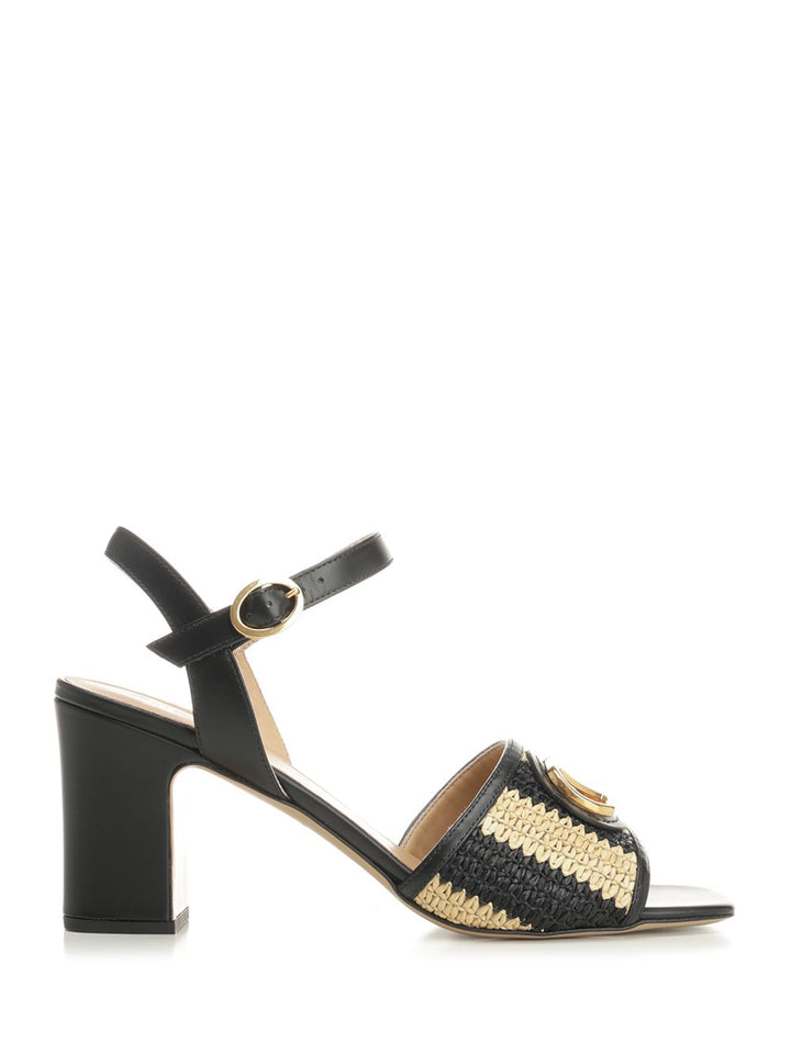 Valentino Garavani Striped Raffia And Leather Sandali - Nero | 0b5c2dcb30b3c32603927532f2ea2020c8a626cc