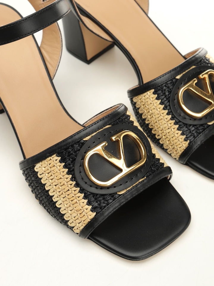 Valentino Garavani Striped Raffia And Leather Sandali - Nero | 50c5c80f8eefe8266542691d5bd80bfc82c579ec
