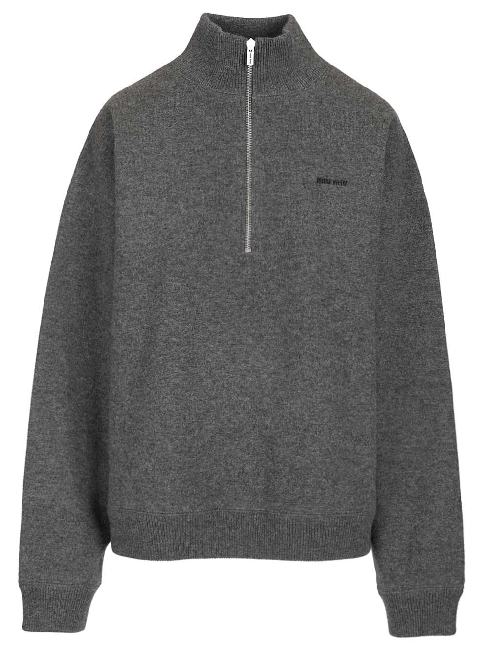 Miu Miu Cashmere And Jersey Zip-Up Sweater Knitwear - Grey | be10d89ed7778eb36c718cfcb5fdded6fe5c7ce7