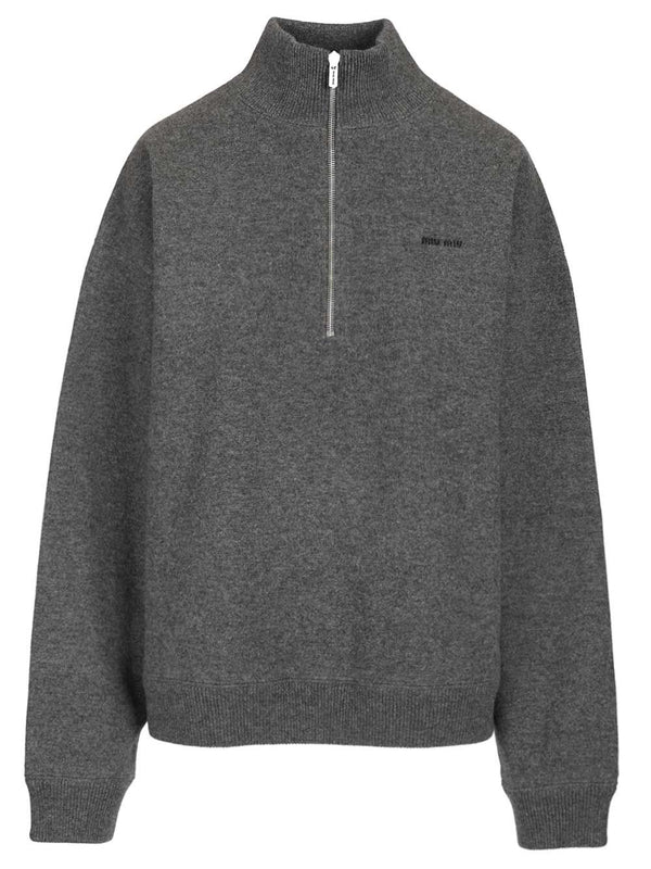 Pullover mit Reißverschluss aus Kaschmir und Jersey, Strickware, Grau