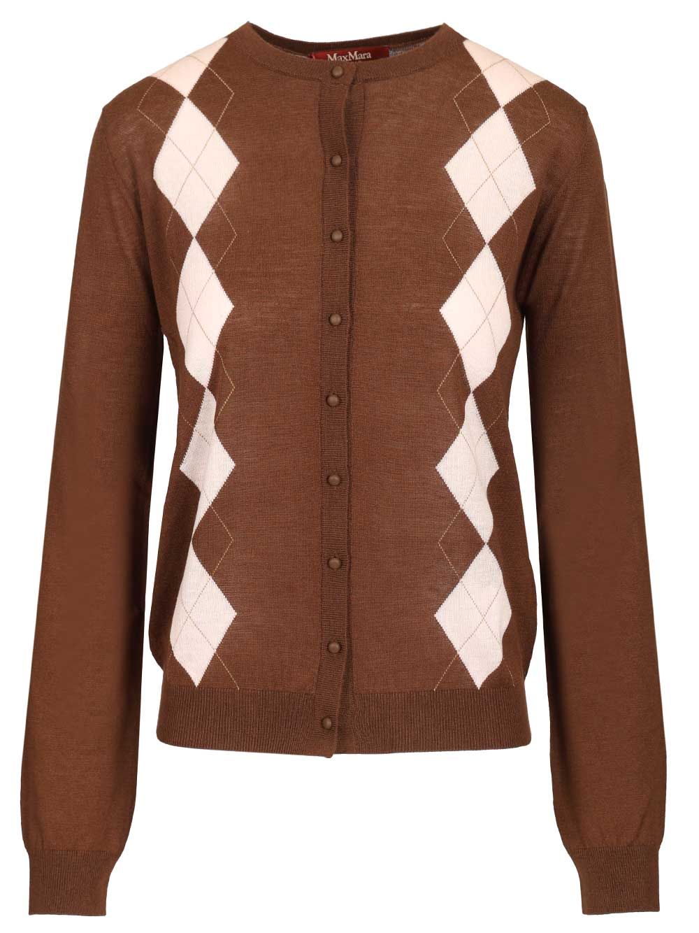 Max Mara Studio Argyle Wool And Silk Cardigan Knitwear - Marrone | 5e5f8e6c553102c455d55492baa9f0bb4c6da815